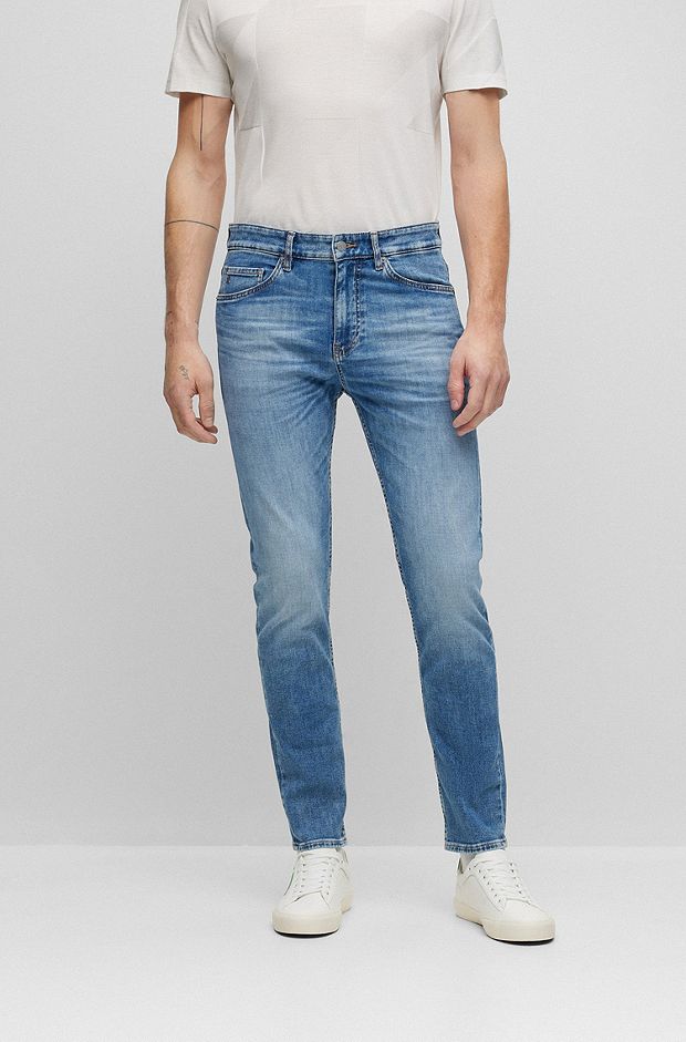 Tapered-fit jeans in mid-blue Italian stretch denim, Turquoise