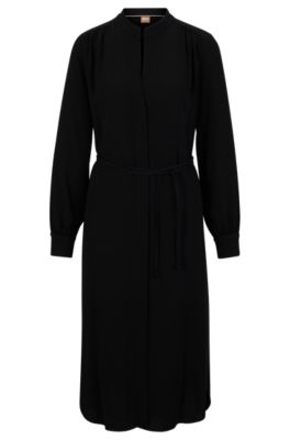 Shop Hugo Boss Belted Dress With Collarless V Neckline And Button Cuffs In Black