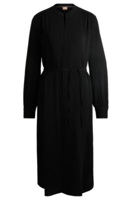 Shop Hugo Boss Belted Dress With Collarless V Neckline And Button Cuffs In Black