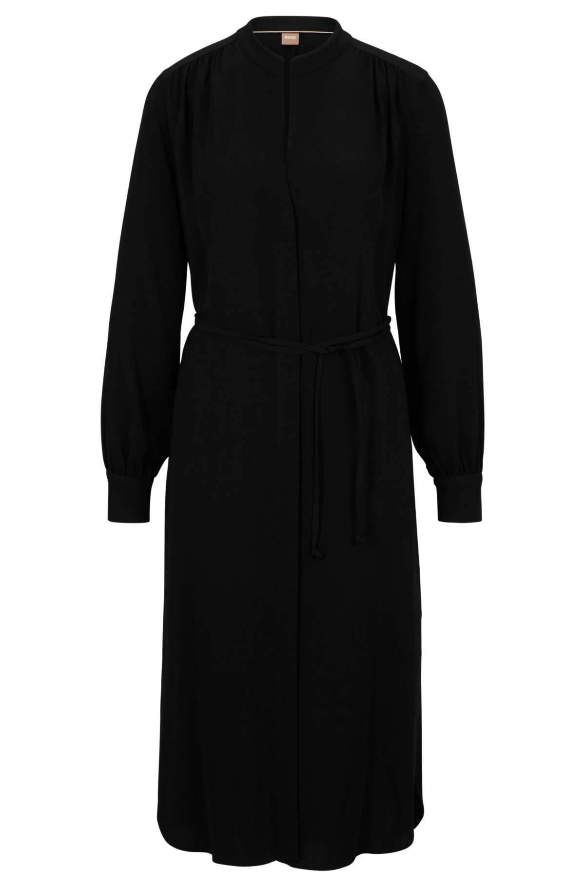 BOSS - Belted shirt dress with collarless styling and button cuffs