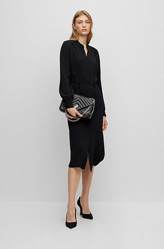 Belted dress with collarless V neckline and button cuffs, Black