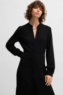 Robe avec encolure crant&eacute;e et ceinture &agrave; nouer, Noir