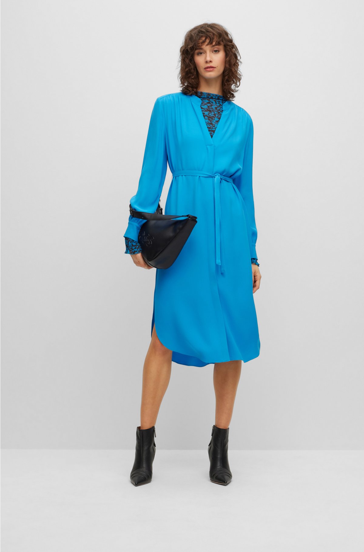 BOSS - Belted shirt dress with collarless styling and button cuffs