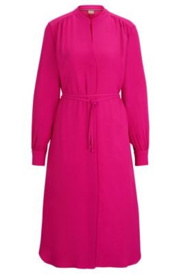 BOSS Belted dress with collarless V neckline and button cuffs