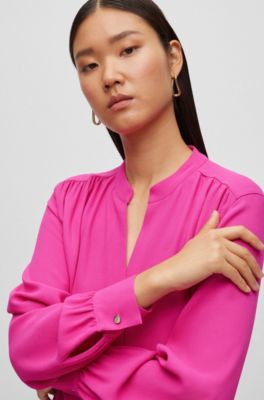 BOSS Belted dress with collarless V neckline and button cuffs