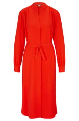 BOSS - Belted dress with collarless V neckline and button cuffs