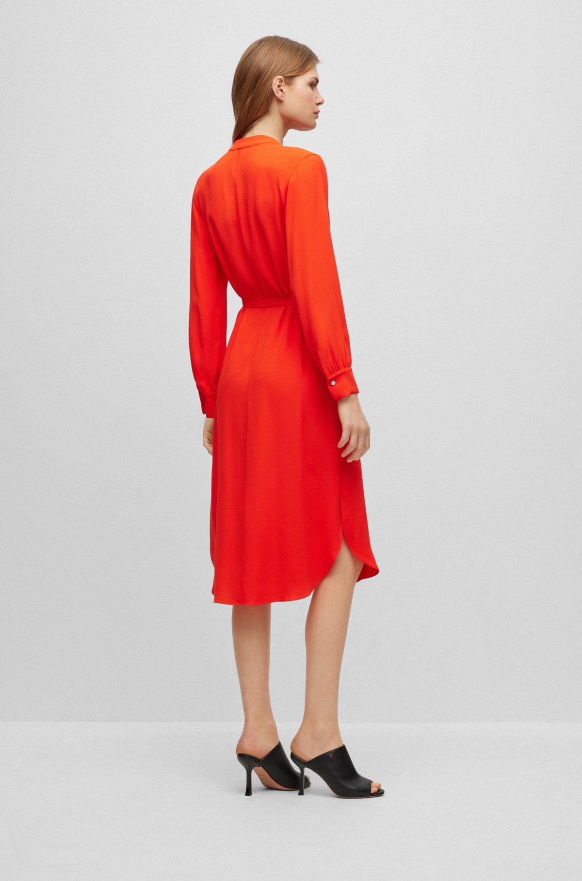 BOSS - Belted dress with collarless V neckline and button BOSS - Belted dress with collarless V neckline and button