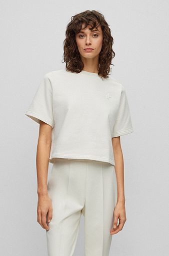 Cropped T-shirt in French terry with tonal monograms, White