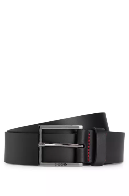Leather belt with engraved-logo buckle