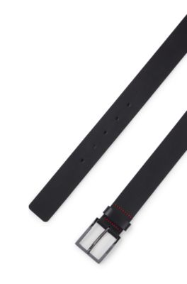 Leather belt with engraved-logo buckle, Black