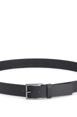 Ceinture en cuir avec boucle &agrave; logo grav&eacute;, Noir