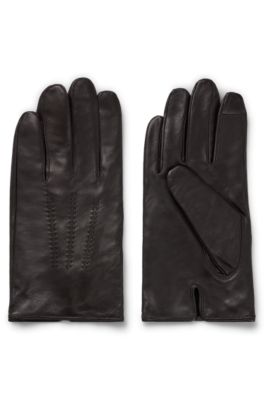 Hugo Boss Nappa-leather Gloves With Metal Logo Lettering In Brown
