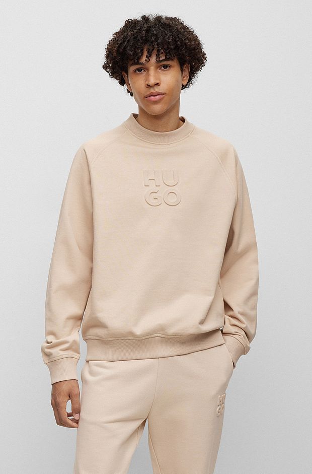 Stacked-logo-embossed sweatshirt in French terry cotton, Light Beige