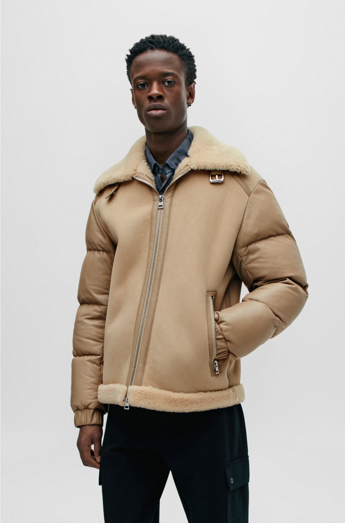 HUGO - Hybrid jacket in shearling suede and nappa leather