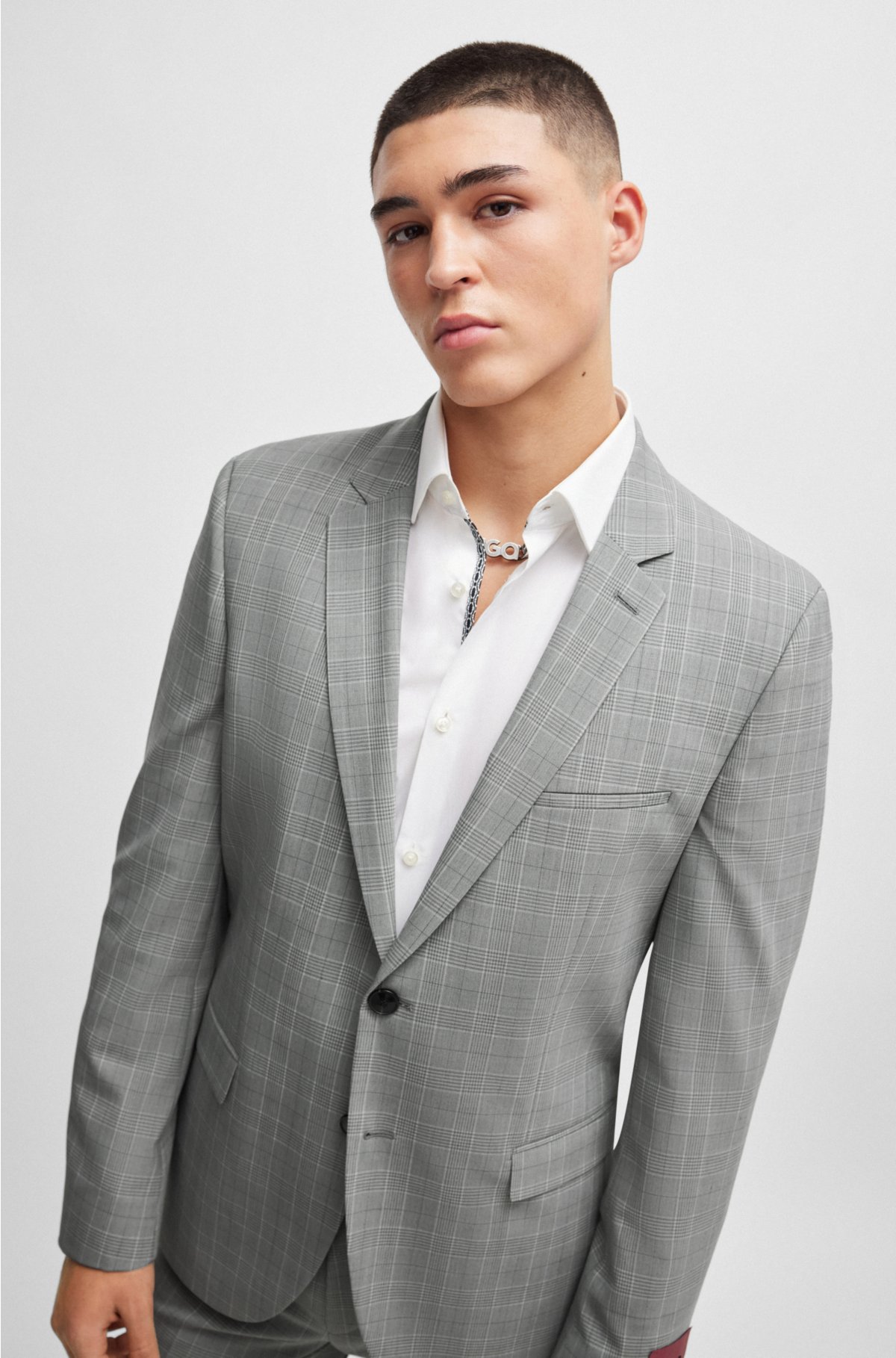 Extra-slim-fit checked suit in performance-stretch fabric, Silver