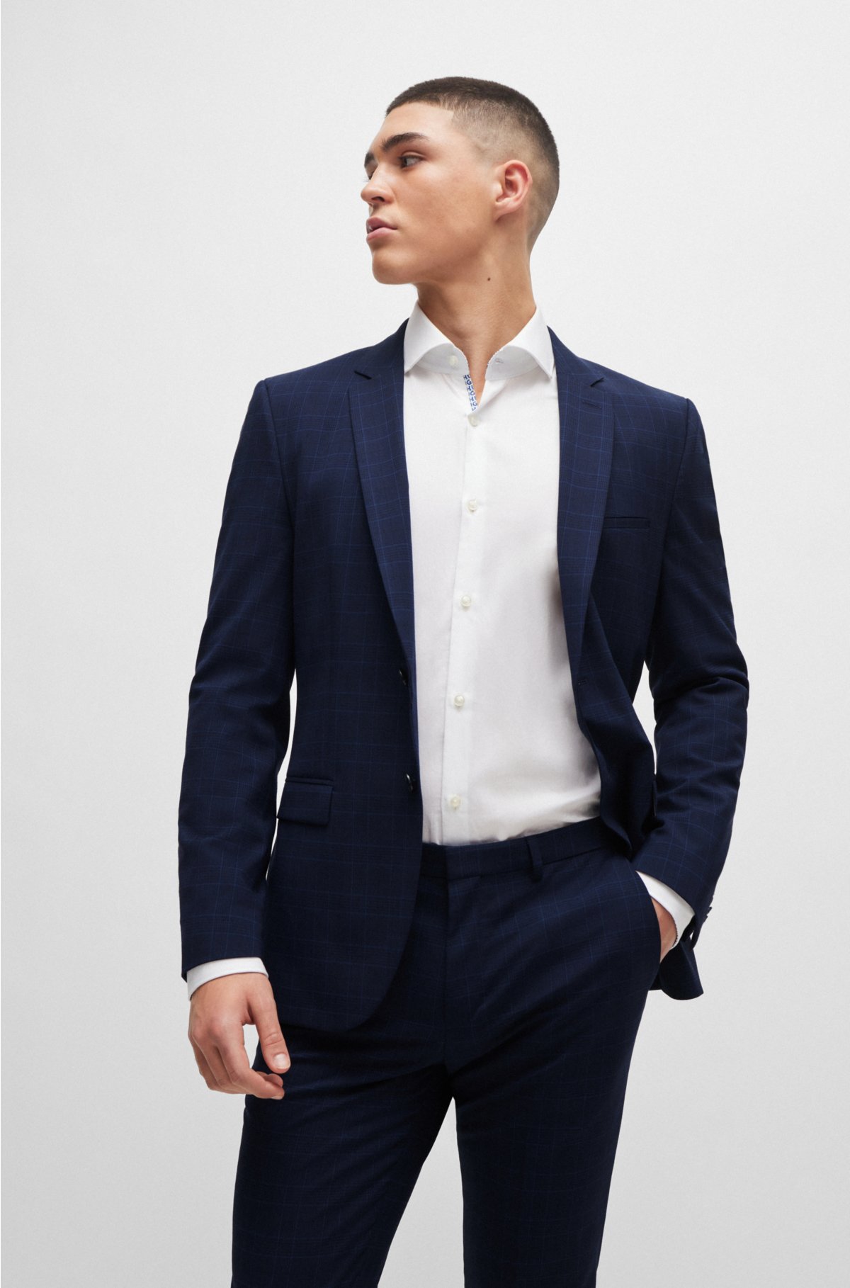 Extra-slim-fit checked suit in performance-stretch fabric, Dark Blue