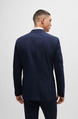 HUGO Mens Blue Single Breasted, Windowpane Plaid Extra Slim Fit Suit Separate Blazer Jacket