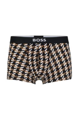 Shop Hugo Boss Logo-waistband Regular-rise Trunks With Houndstooth Print In Beige