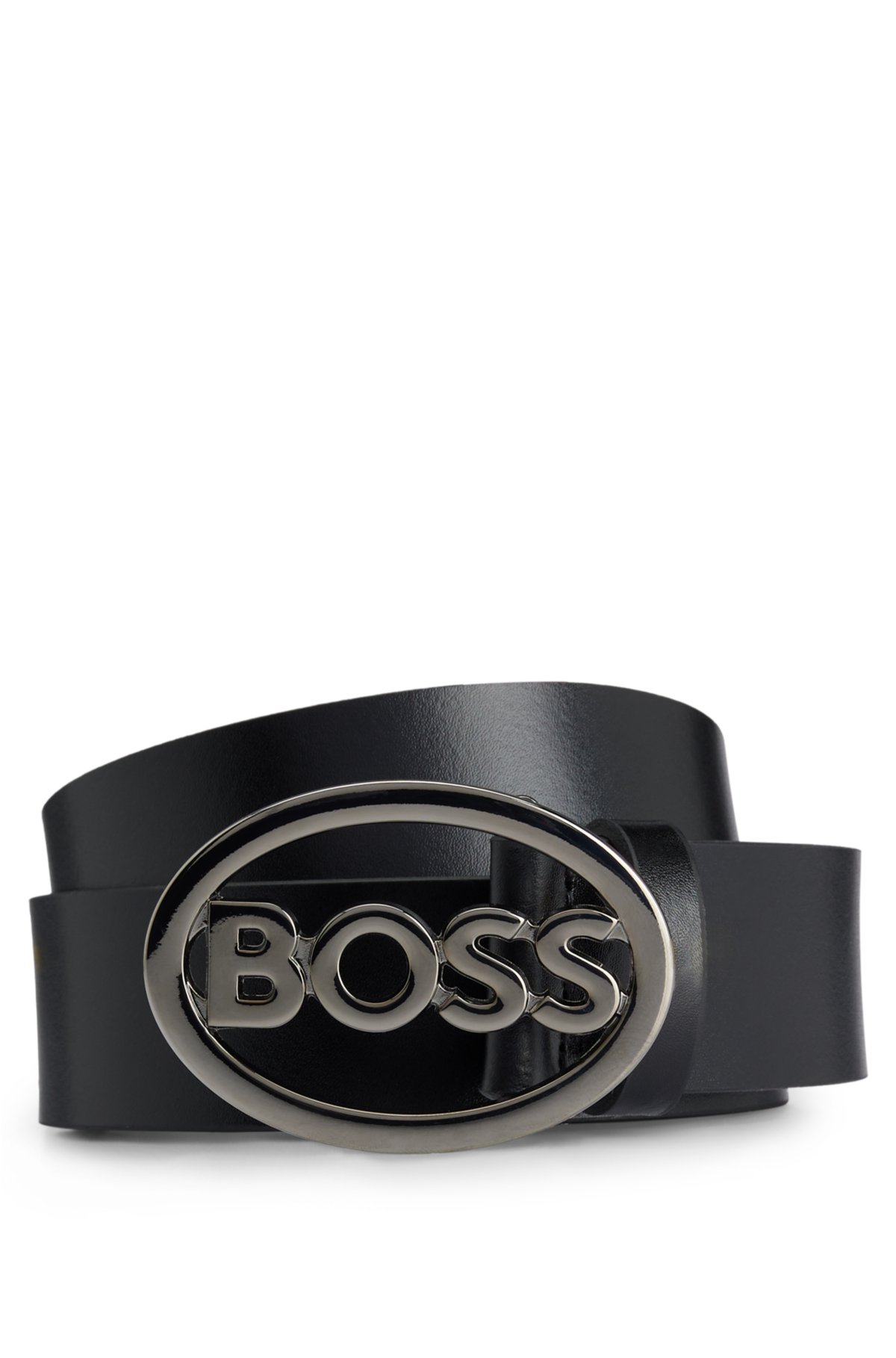 BOSS - Italian-leather belt with gunmetal logo plaque