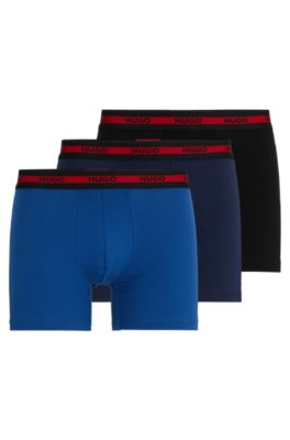 Hugo Three-pack Of Stretch-cotton Boxer Briefs With Logo Waistbands In Blue