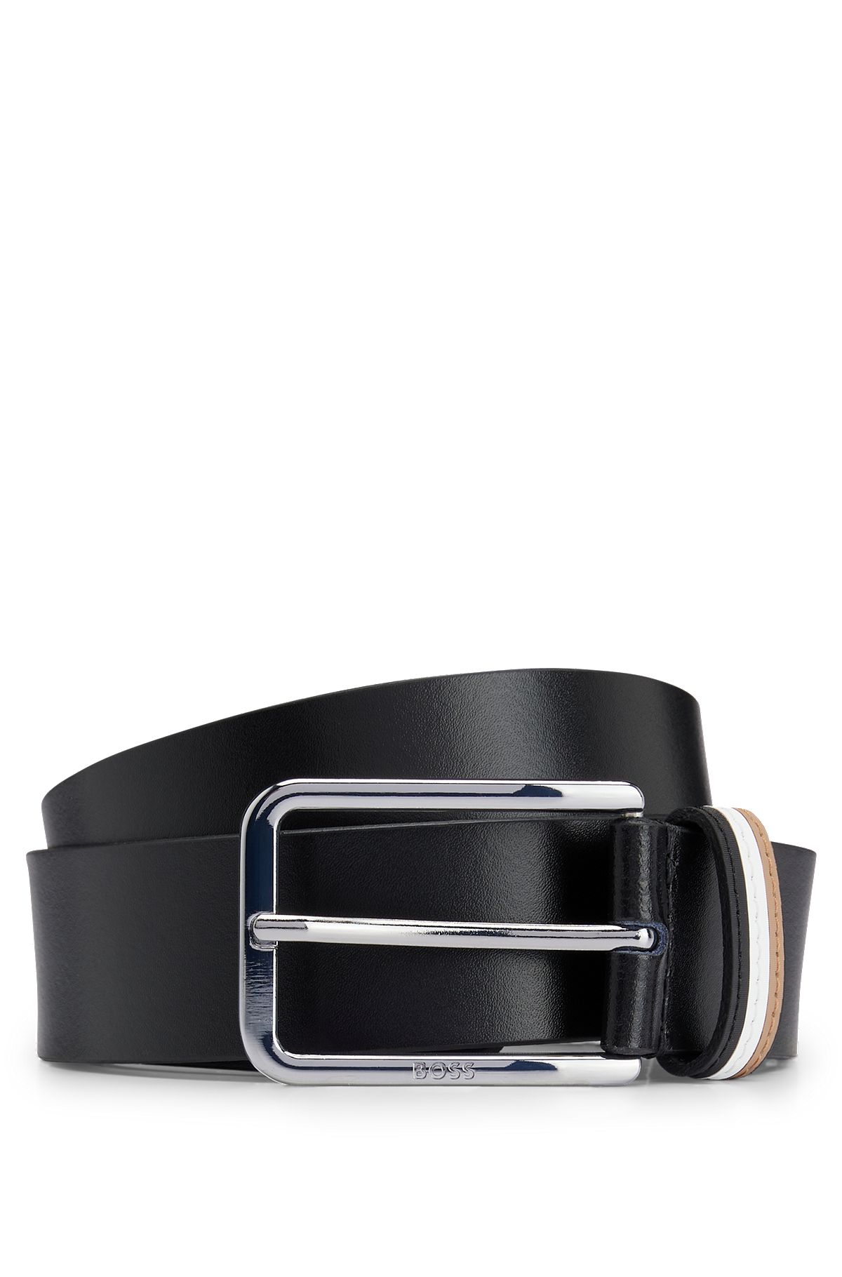 Italian-leather belt with signature-stripe keeper, Black