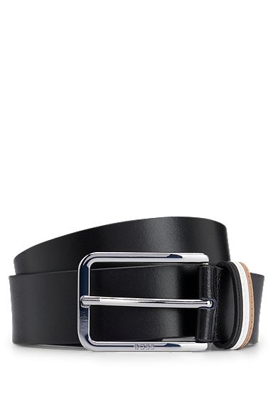 Italian-leather belt with signature-stripe keeper, Black