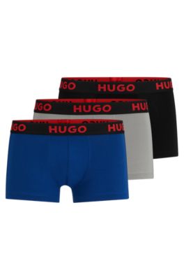 Hugo Three-pack Of Stretch-jersey Trunks With Logo Waistbands In Grey