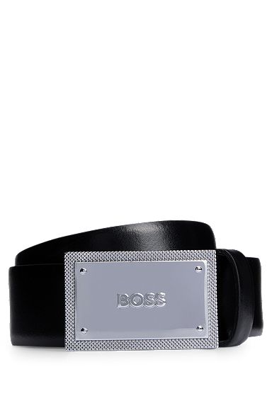 Cinturón de piel italiana con hebilla con placa de la marca, Negro