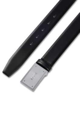 Ceinture en cuir italien avec boucle plate &agrave; logo, Noir