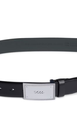 Ceinture en cuir italien avec boucle plate &agrave; logo, Noir
