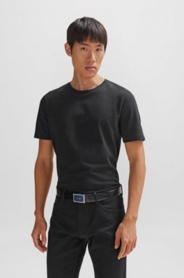 Ceinture en cuir italien avec boucle plate &agrave; logo, Noir