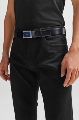 Ceinture en cuir italien avec boucle plate &agrave; logo, Noir
