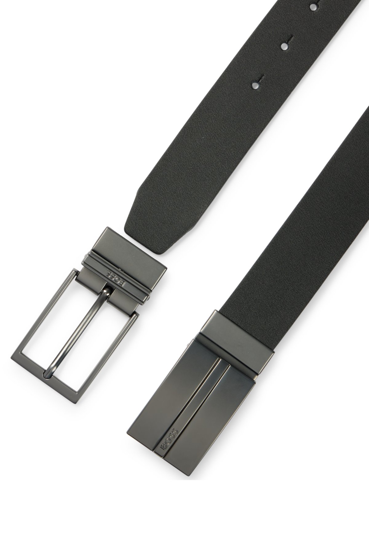 BOSS - Reversible Italian-leather belt with plaque and pin buckles