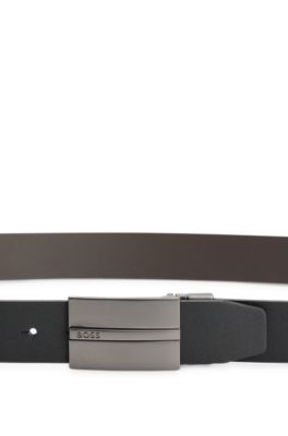 Cintur&oacute;n de piel italiana reversible con hebilla y placa, Negro