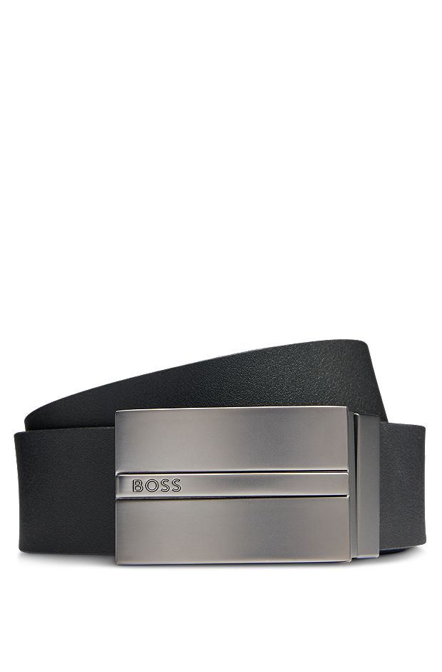 Reversible Italian-leather belt with plaque and pin buckles, Black