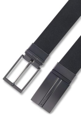 Reversible Italian-leather belt with plaque and pin buckles, Black
