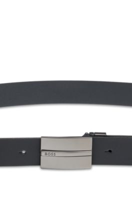 Reversible Italian-leather belt with plaque and pin buckles, Black