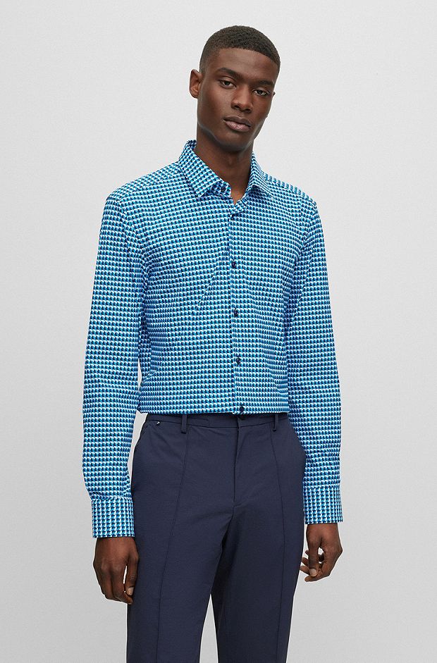 Slim-fit shirt in geometric-print performance-stretch fabric, Blue