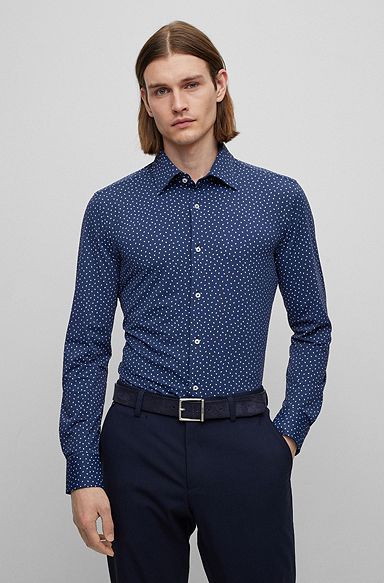 Slim-fit shirt in patterned performance-stretch fabric, Dark Blue