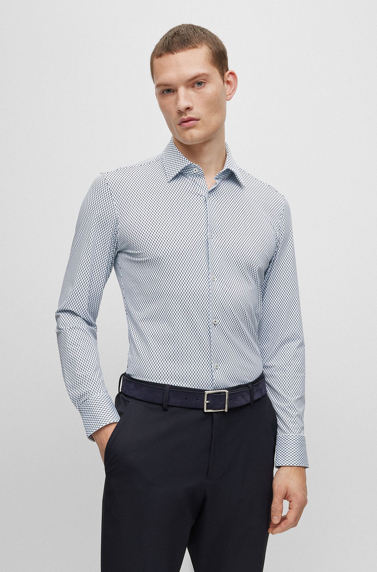 Slim-fit shirt in patterned performance-stretch fabric, Light Blue