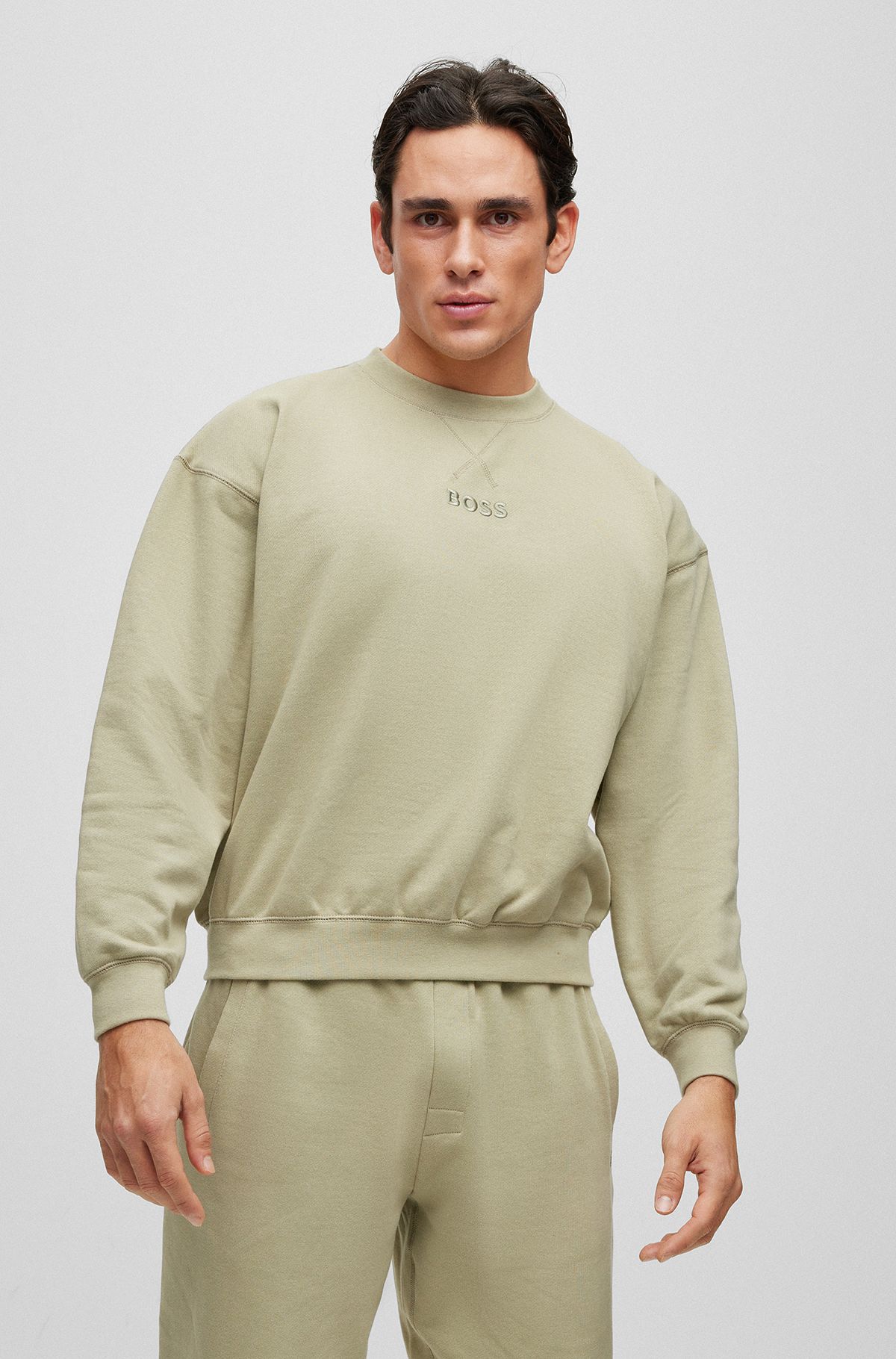 Suede-look pajamas in cotton with embroidered logos, Light Green