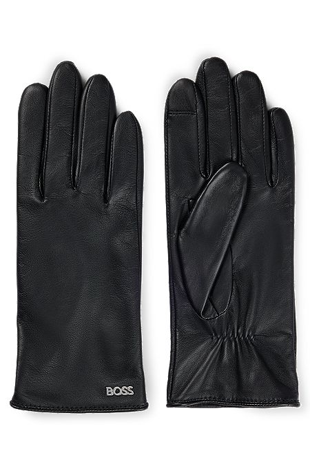 Leather gloves with logo rivet, Black
