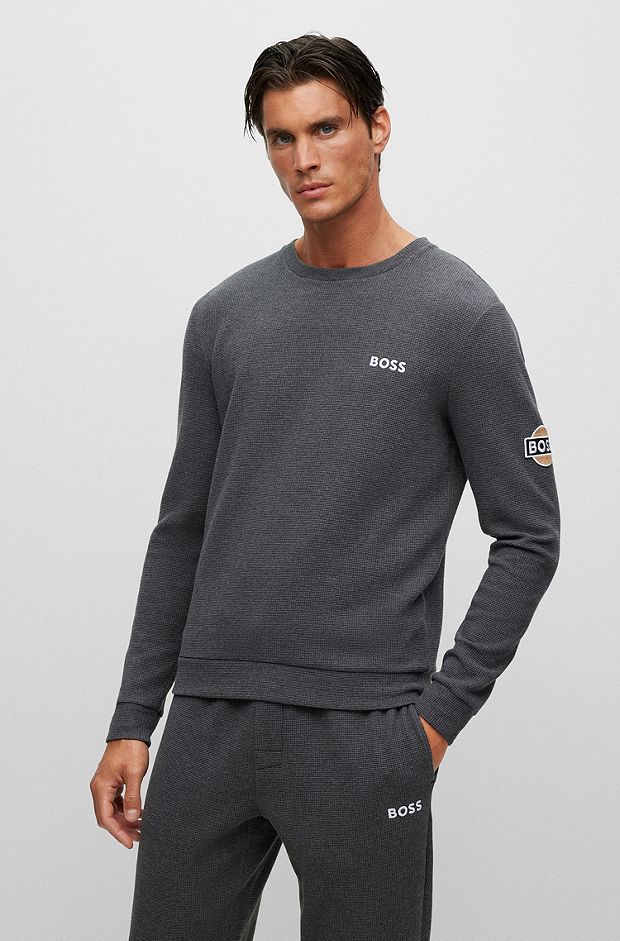 Cotton-blend waffle loungewear sweatshirt with patch logo, Grey