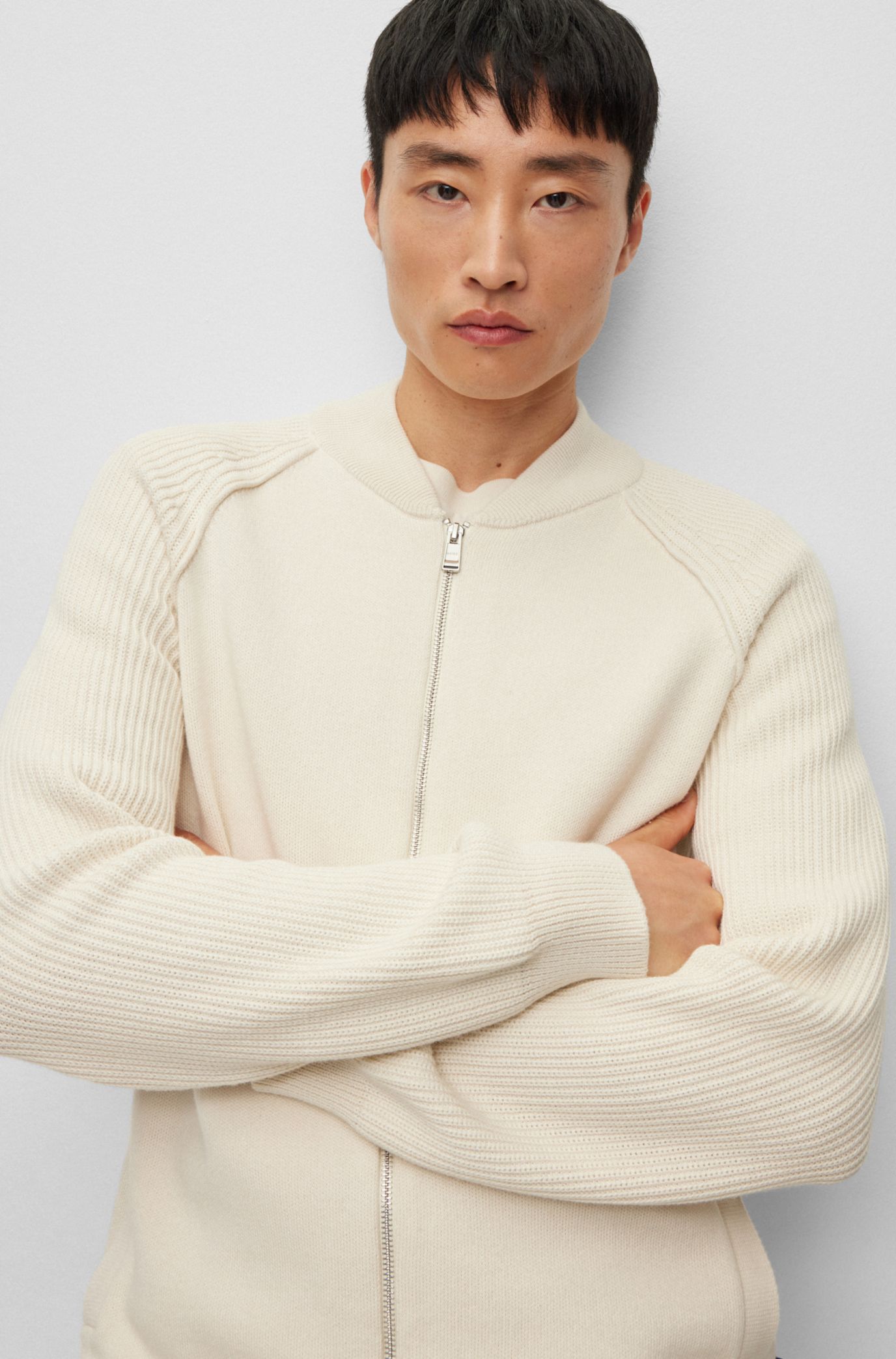 BOSS - Zip-up cardigan in cotton and virgin wool