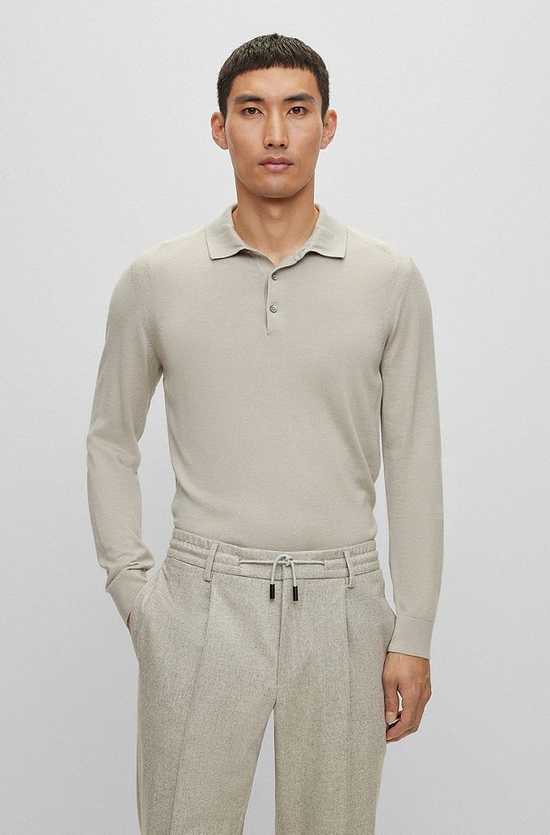 Polo-collar sweater in wool, silk and cashmere, Light Beige