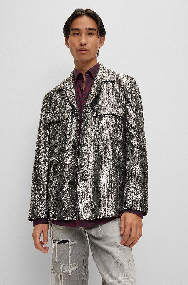 Regular-fit jacket in sequined satin, Silver