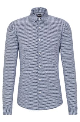 Hugo Boss Slim-fit Shirt In Geometric-printed Performance-stretch Fabric In Blue