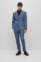 Three-piece slim-fit suit in checked stretch fabric, Blue