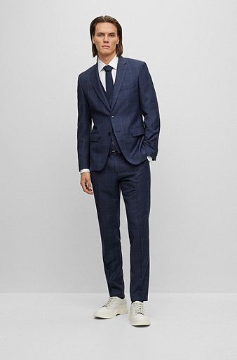 Three-piece slim-fit suit in checked virgin wool, Dark Blue