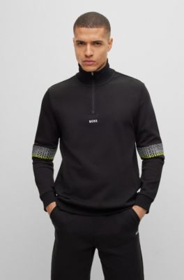 Hugo Boss Zip-neck Sweatshirt With Embroidered Logos In Black
